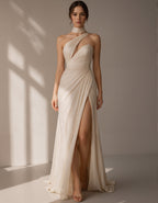 Light Champagne Colored Chiffon Open Back Cutout Maxi Dress
