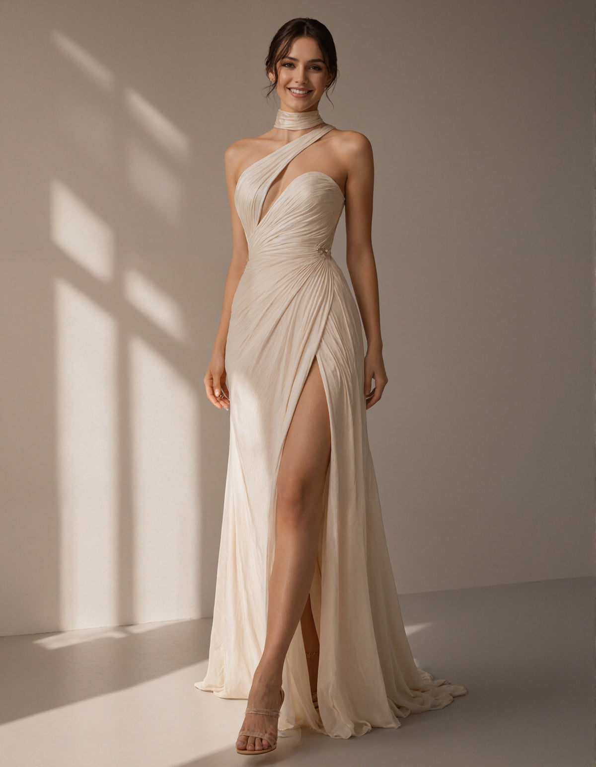 Light Champagne Colored Chiffon Open Back Cutout Maxi Dress