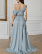 Solid Color One Shoulder Draped Sleeve Satin Maxi Dress