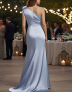 Blue Satin One Shoulder Short Sleeved 3D Floral Print Maxi Dress