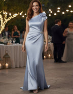 Blue Satin One Shoulder Short Sleeved 3D Floral Print Maxi Dress