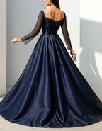 Navy Blue Sequined Square Neck Maxi Dress