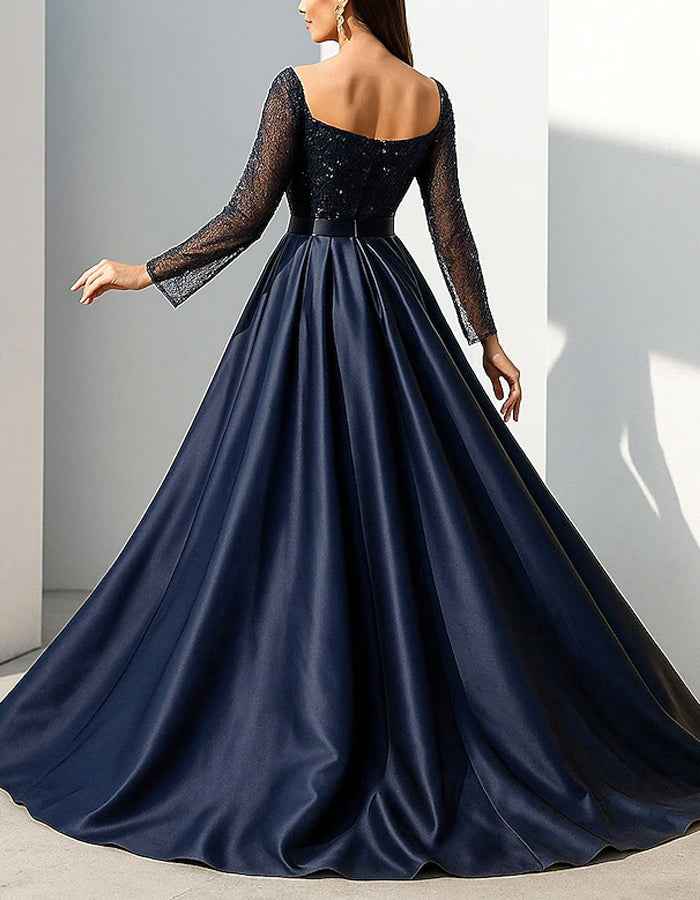 Maxikleid in Marineblau mit Pailletten und eckigem Ausschnitt