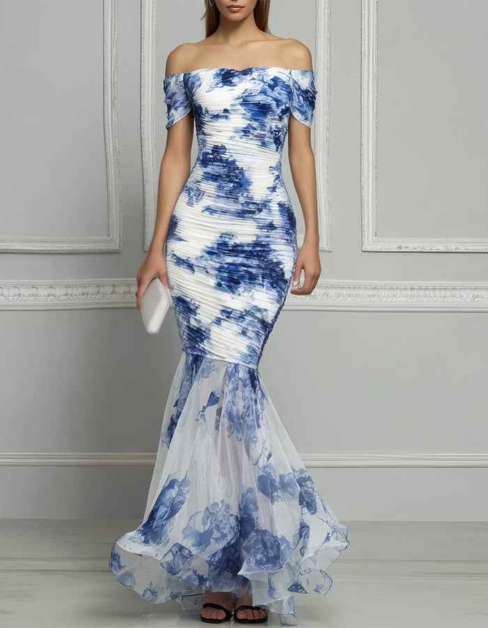 Blue And White Porcelain Ink Print Chiffon Off Shoulder Maxi Dress
