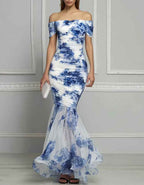 Blue And White Porcelain Ink Print Chiffon Off Shoulder Maxi Dress