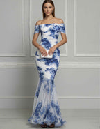 Blue And White Porcelain Ink Print Chiffon Off Shoulder Maxi Dress