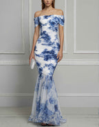 Blue And White Porcelain Ink Print Chiffon Off Shoulder Maxi Dress