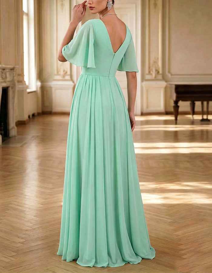 Mint Green Chiffon V-Neck Flutter Sleeve Maxi Dress