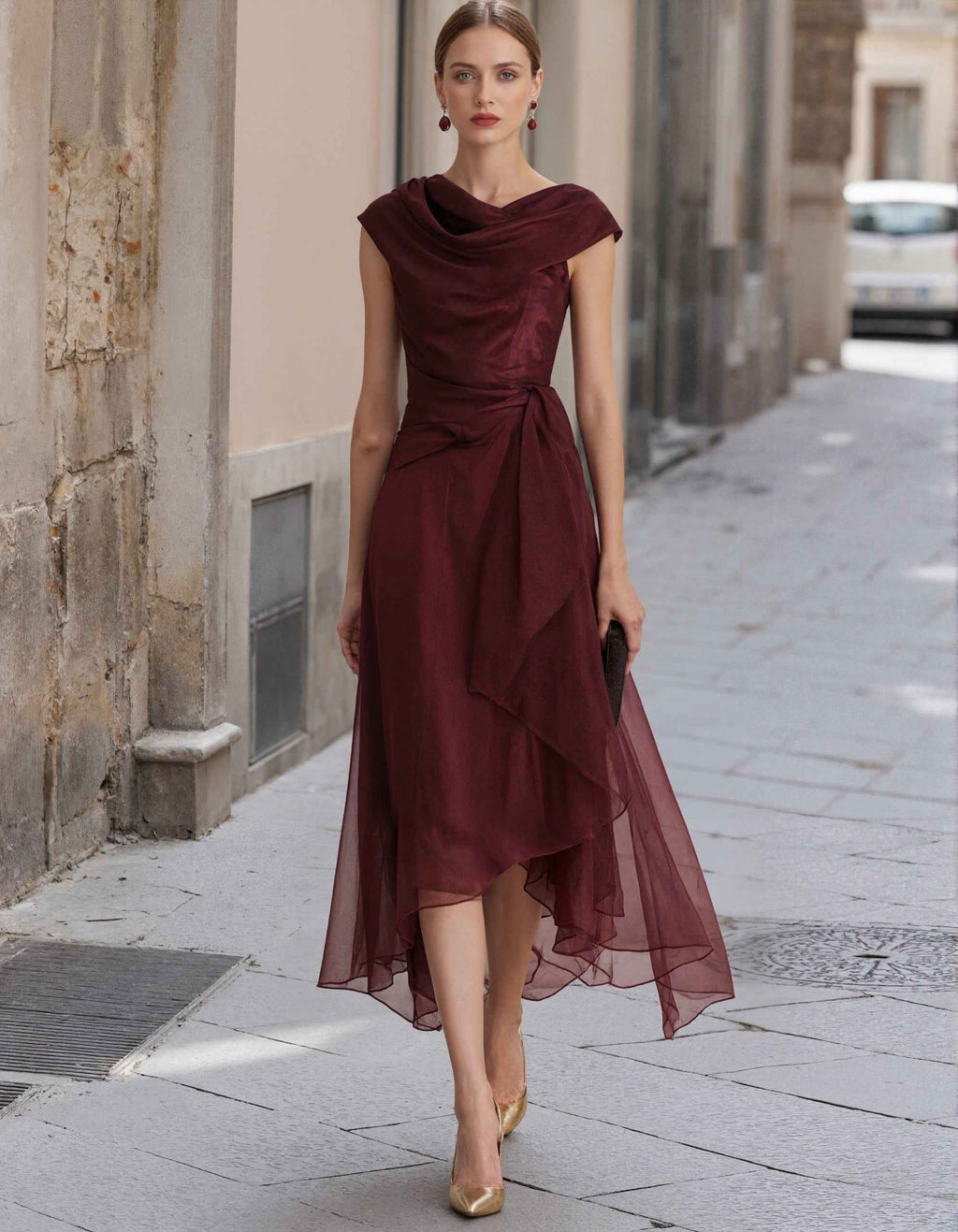 Robe longue sans manches en mousseline bordeaux avec décolleté superposé