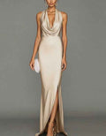 Solid Color Satin Halter Neck Maxi Dress
