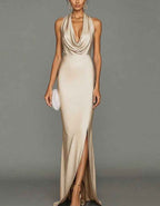 Solid Color Satin Halter Neck Maxi Dress