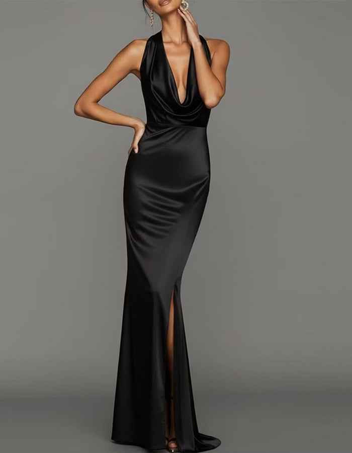 Solid Color Satin Halter Neck Maxi Dress
