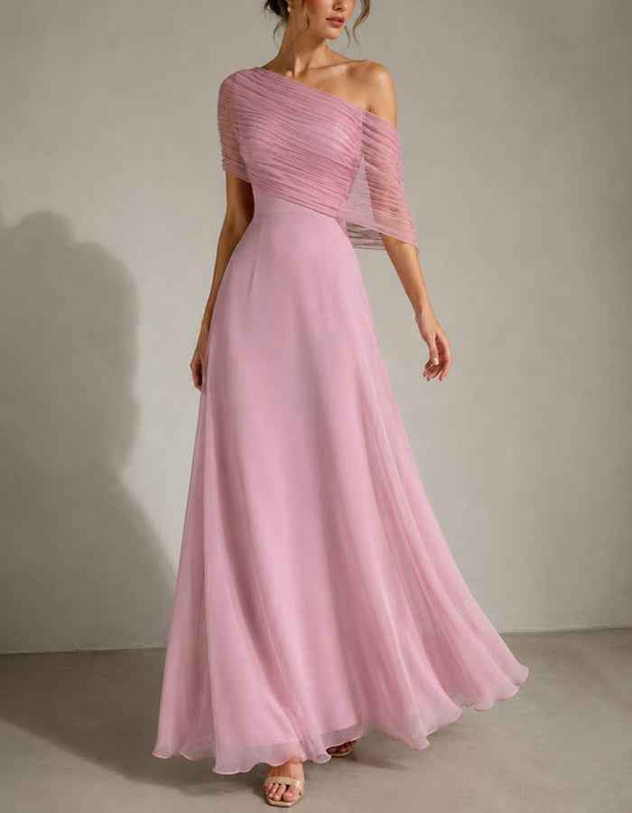 Maxikleid aus rosa Chiffon mit One-Shoulder-Plisseedesign