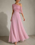 Maxikleid aus rosa Chiffon mit One-Shoulder-Plisseedesign