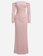 Pink Floral Mesh Lace Off Shoulder Long Sleeve Maxi Dress