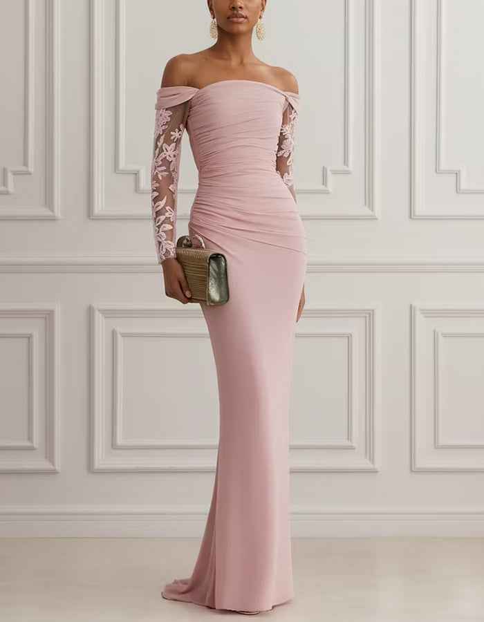 Pink Floral Mesh Lace Off Shoulder Long Sleeve Maxi Dress