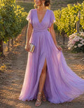 Maxikleid aus Chiffon mit V-Ausschnitt und kurzen Ärmeln in Lavendel