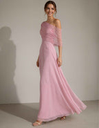 Maxikleid aus rosa Chiffon mit One-Shoulder-Plisseedesign
