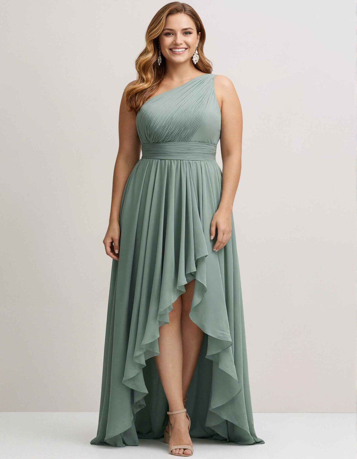 Salbeifarbenes Chiffon-Maxikleid mit einem Träger