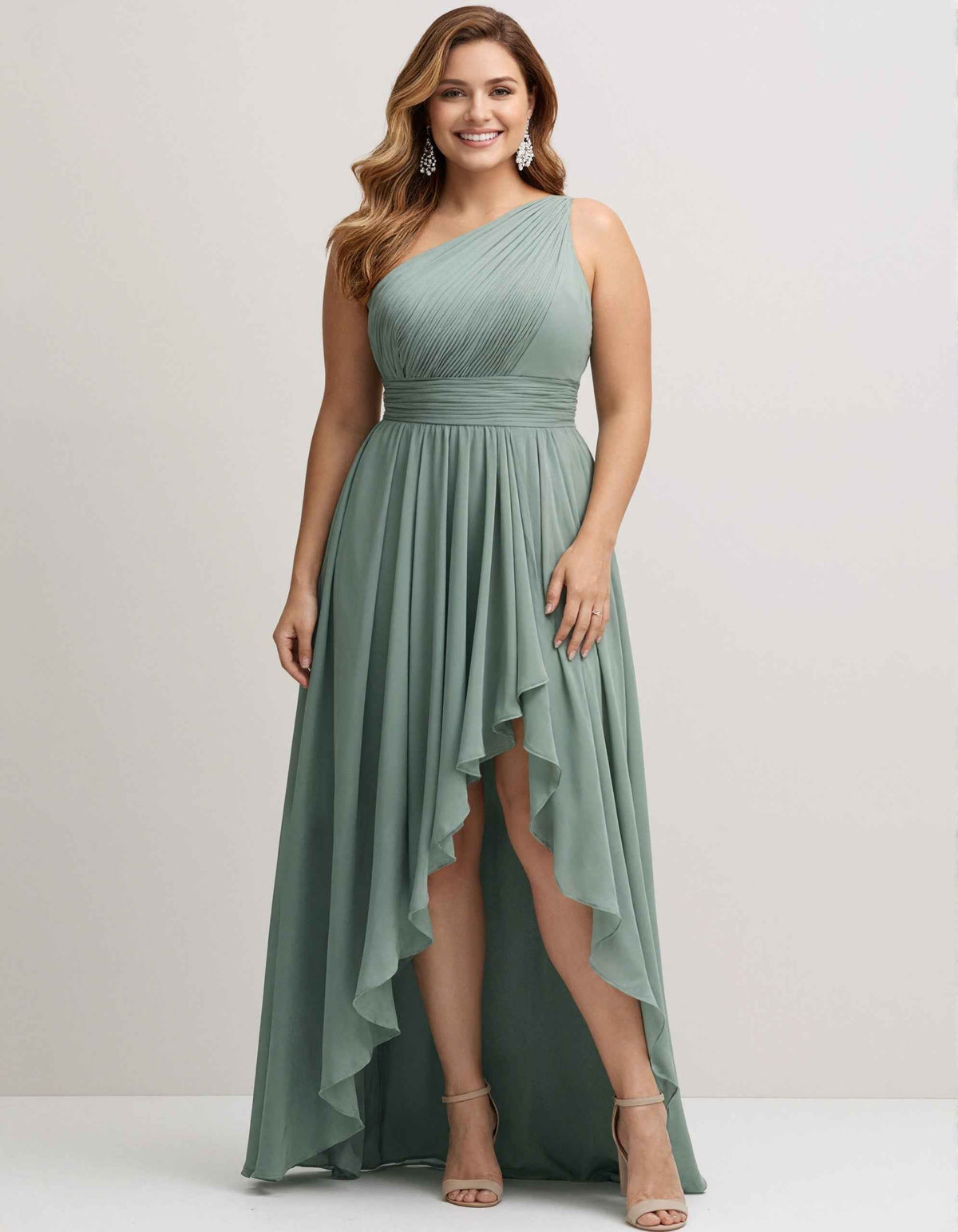 Salbeifarbenes Chiffon-Maxikleid mit einem Träger