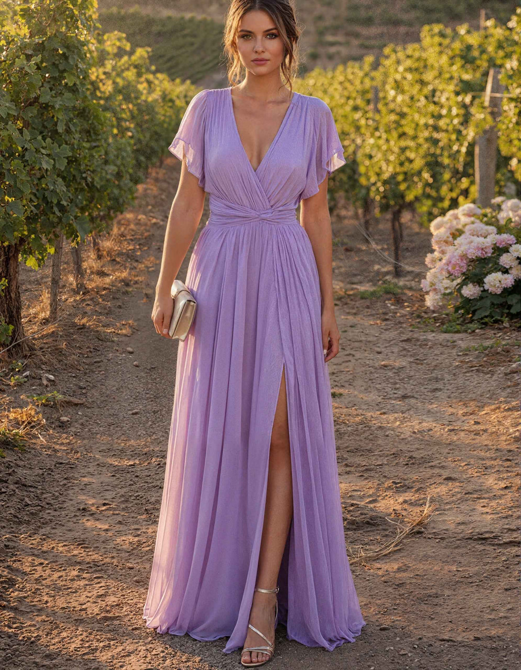 Maxikleid aus Chiffon mit V-Ausschnitt und kurzen Ärmeln in Lavendel