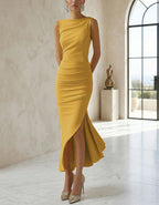Solid Color Boat Collar With Forks Maxi Dress
