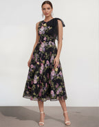 Black With Colorful Flowers And Sleeveless Bow Maxi Dress