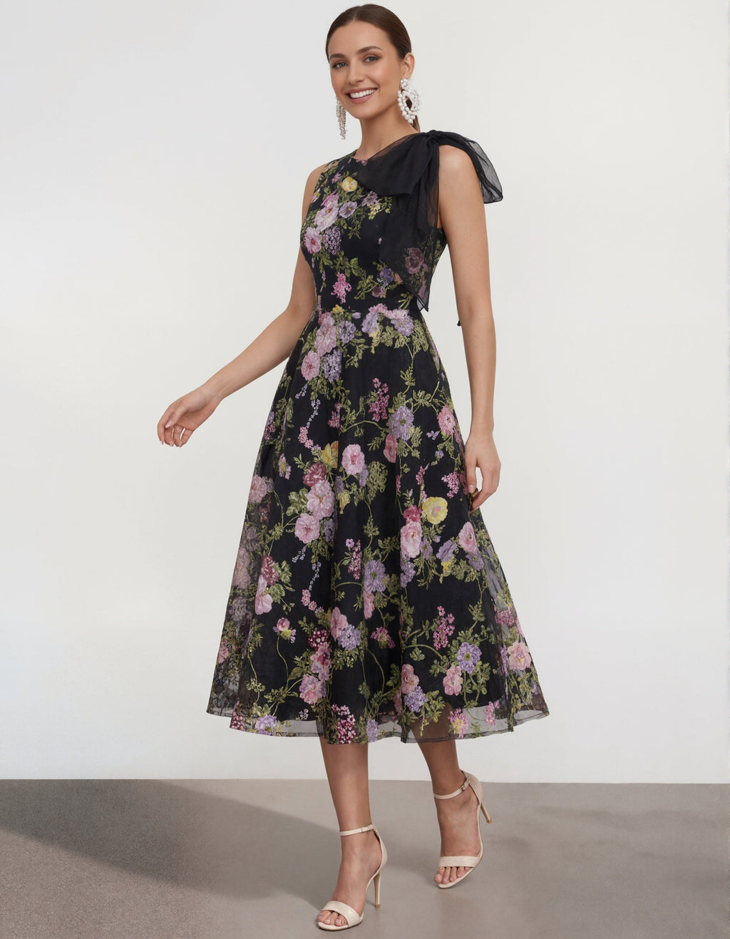 Black With Colorful Flowers And Sleeveless Bow Maxi Dress