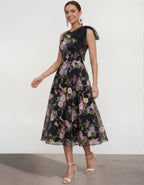 Black With Colorful Flowers And Sleeveless Bow Maxi Dress