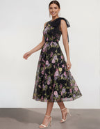 Black With Colorful Flowers And Sleeveless Bow Maxi Dress