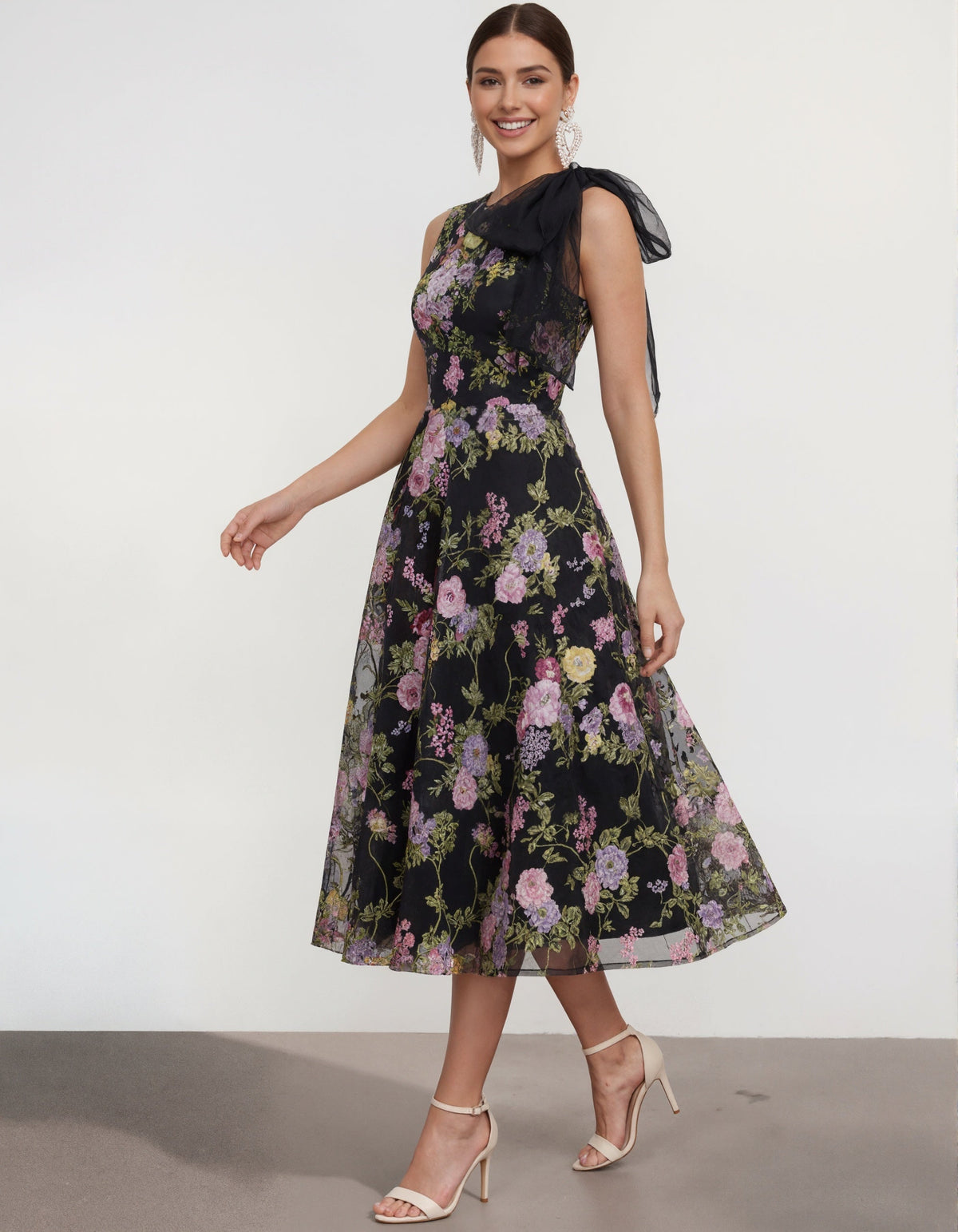 Black With Colorful Flowers And Sleeveless Bow Maxi Dress