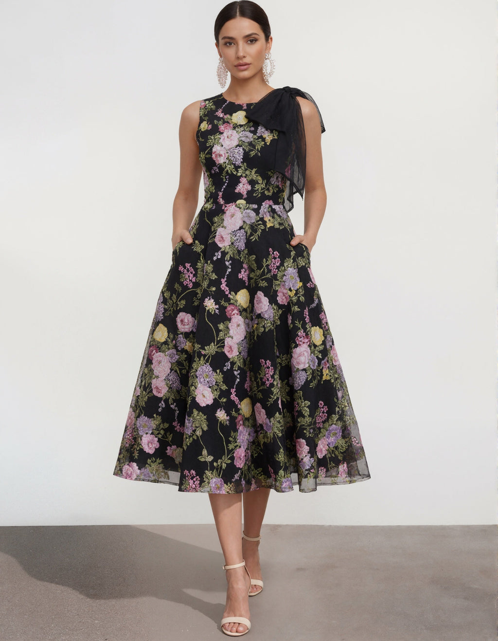 Black With Colorful Flowers And Sleeveless Bow Maxi Dress