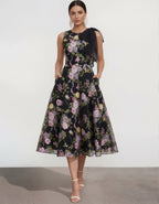 Black With Colorful Flowers And Sleeveless Bow Maxi Dress