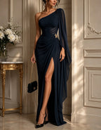 Black Asymmetrical One Shoulder Chiffon Shawl Sleeve Maxi Dress