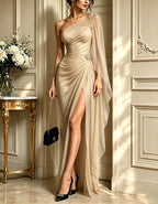 Black Asymmetrical One Shoulder Chiffon Shawl Sleeve Maxi Dress