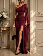 Black Asymmetrical One Shoulder Chiffon Shawl Sleeve Maxi Dress