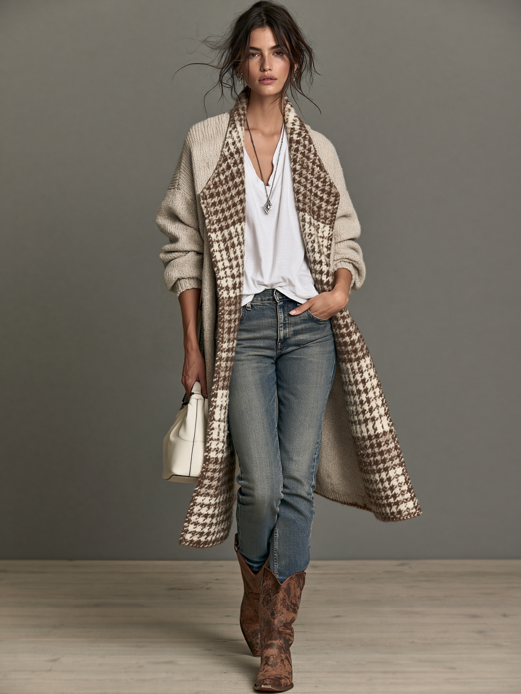 Chaqueta de punto vintage de pata de gallo con solapa