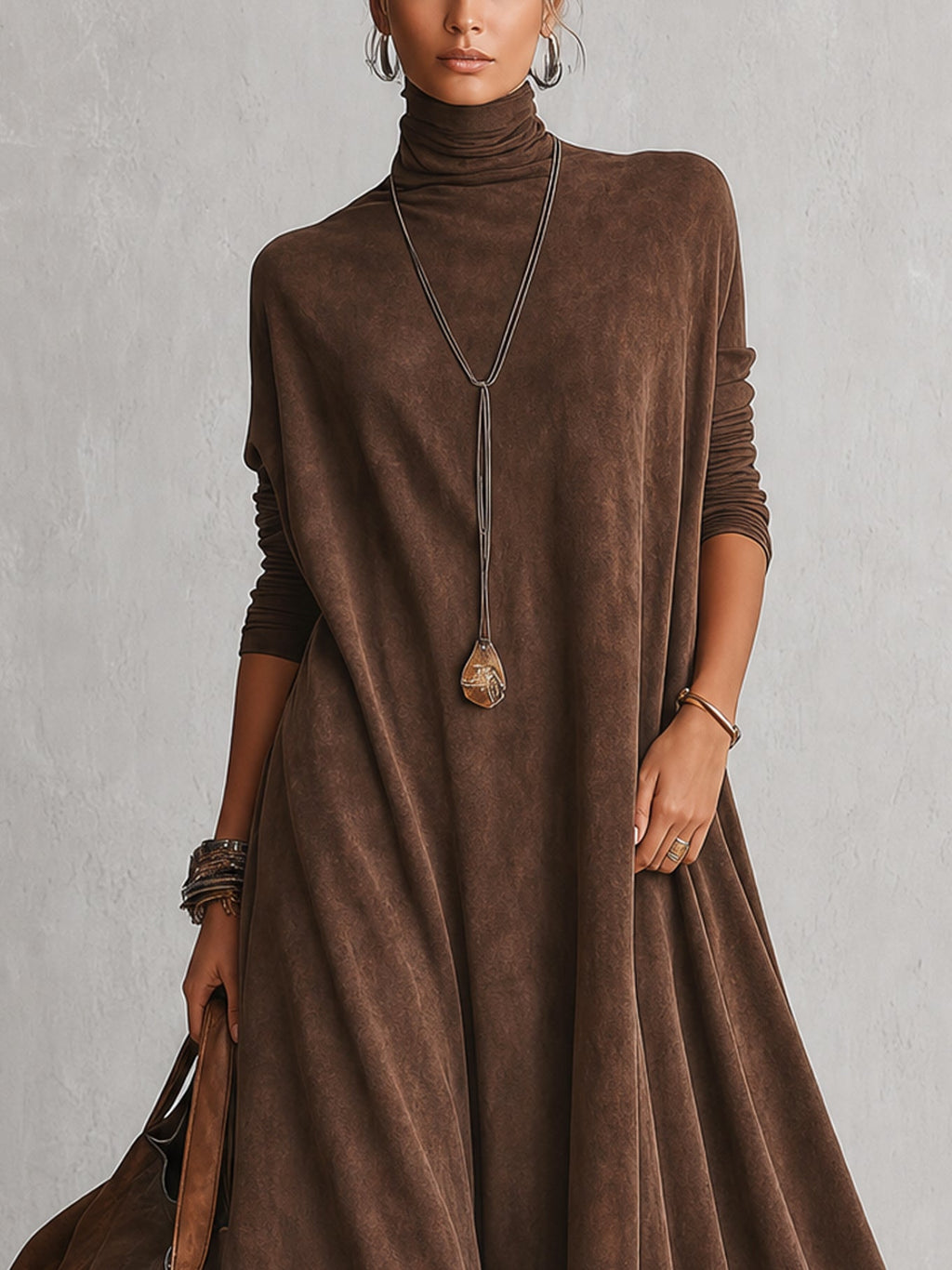 A-Linien-Kleid mit Stehkragen, Spitzeneinsätzen und langen Ärmeln