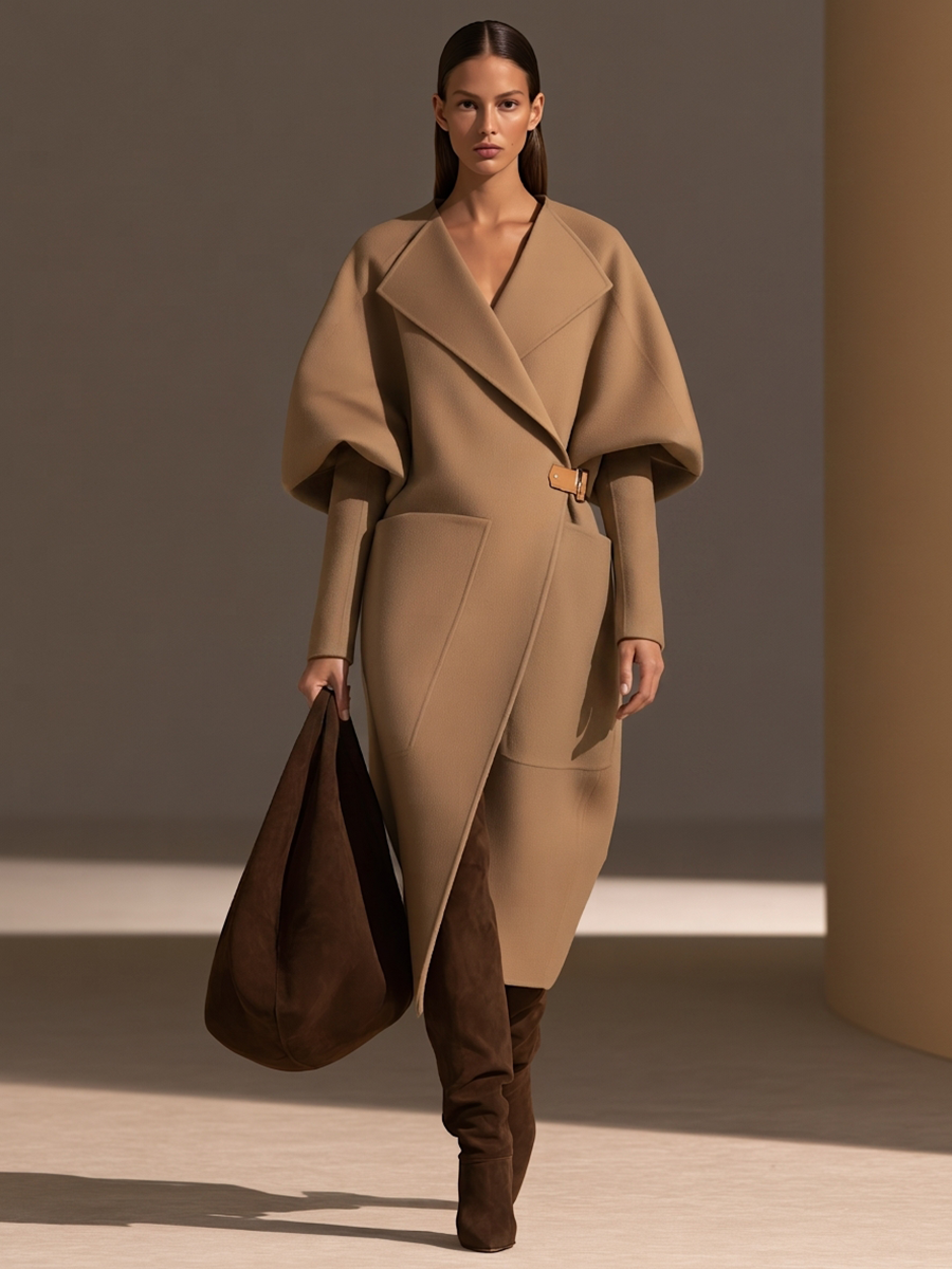 Abrigo largo de lana camel con solapa oversize, mangas abullonadas y cinturón