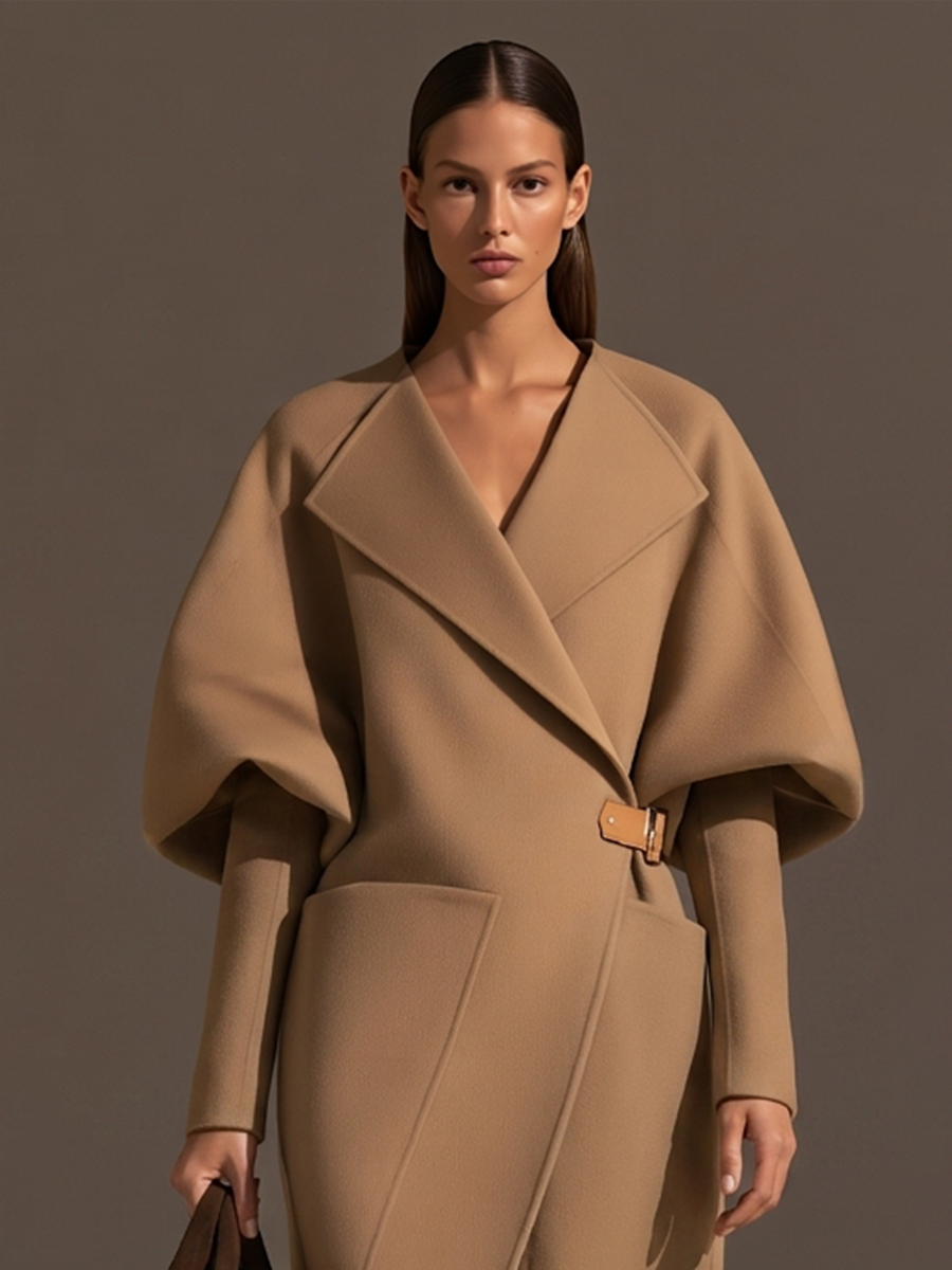 Abrigo largo de lana camel con solapa oversize, mangas abullonadas y cinturón