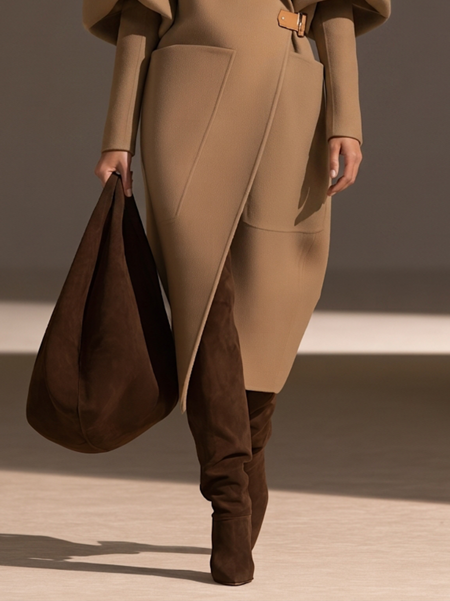 Abrigo largo de lana camel con solapa oversize, mangas abullonadas y cinturón