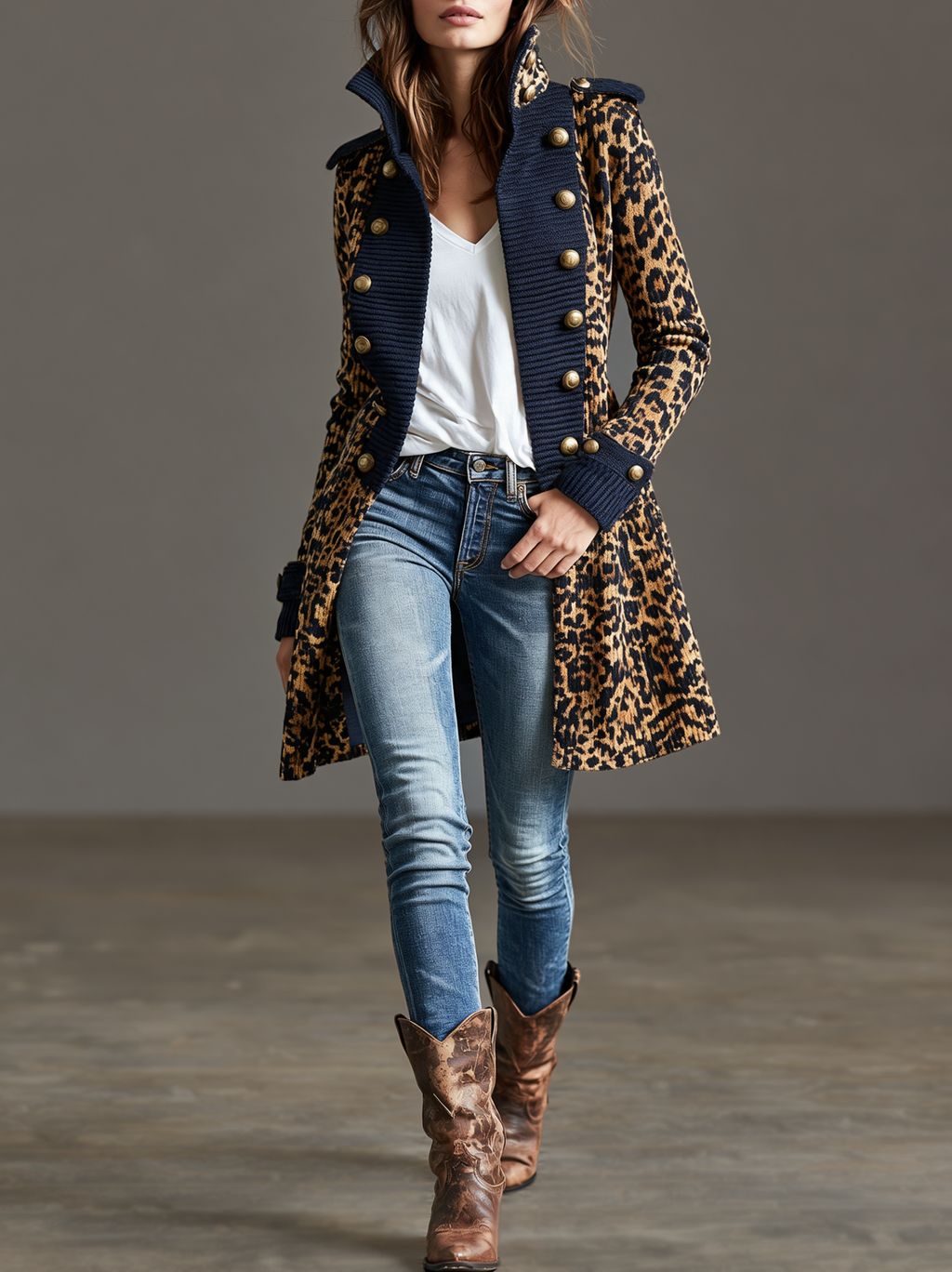 Chaqueta de punto vintage estilo napoleón con leopardo y bloques de color