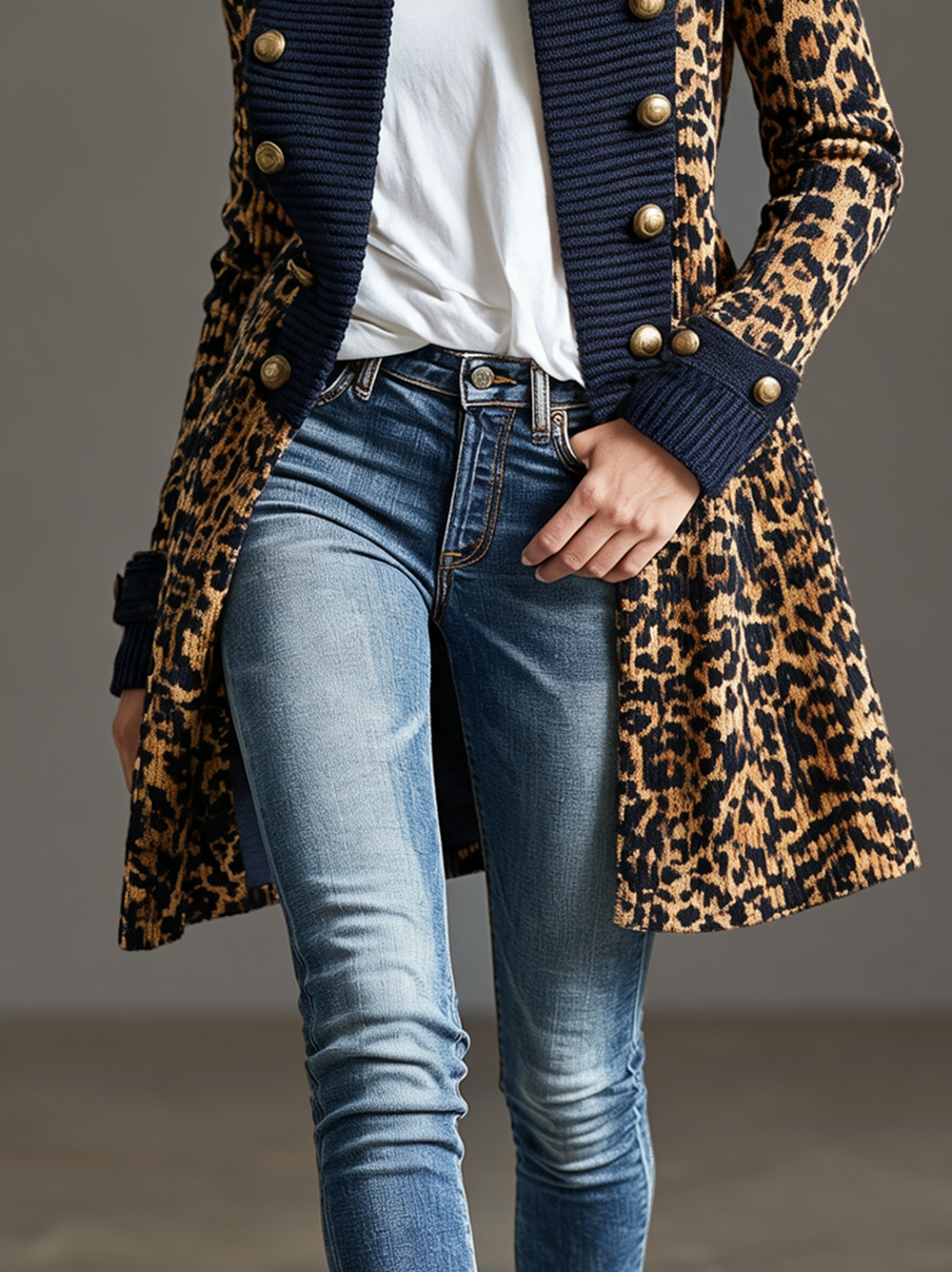 Chaqueta de punto vintage estilo napoleón con leopardo y bloques de color