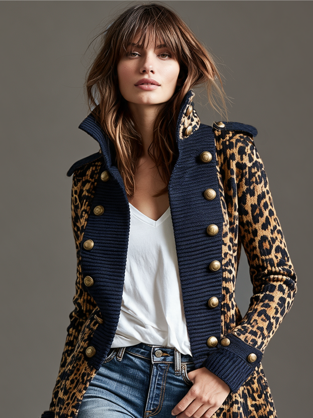 Chaqueta de punto vintage estilo napoleón con leopardo y bloques de color