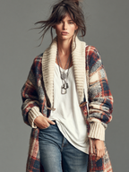 Chaqueta de punto jacquard de cuadros con cuello chal y trencas