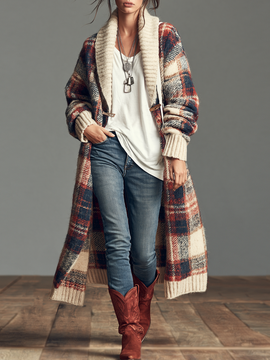 Chaqueta de punto jacquard de cuadros con cuello chal y trencas
