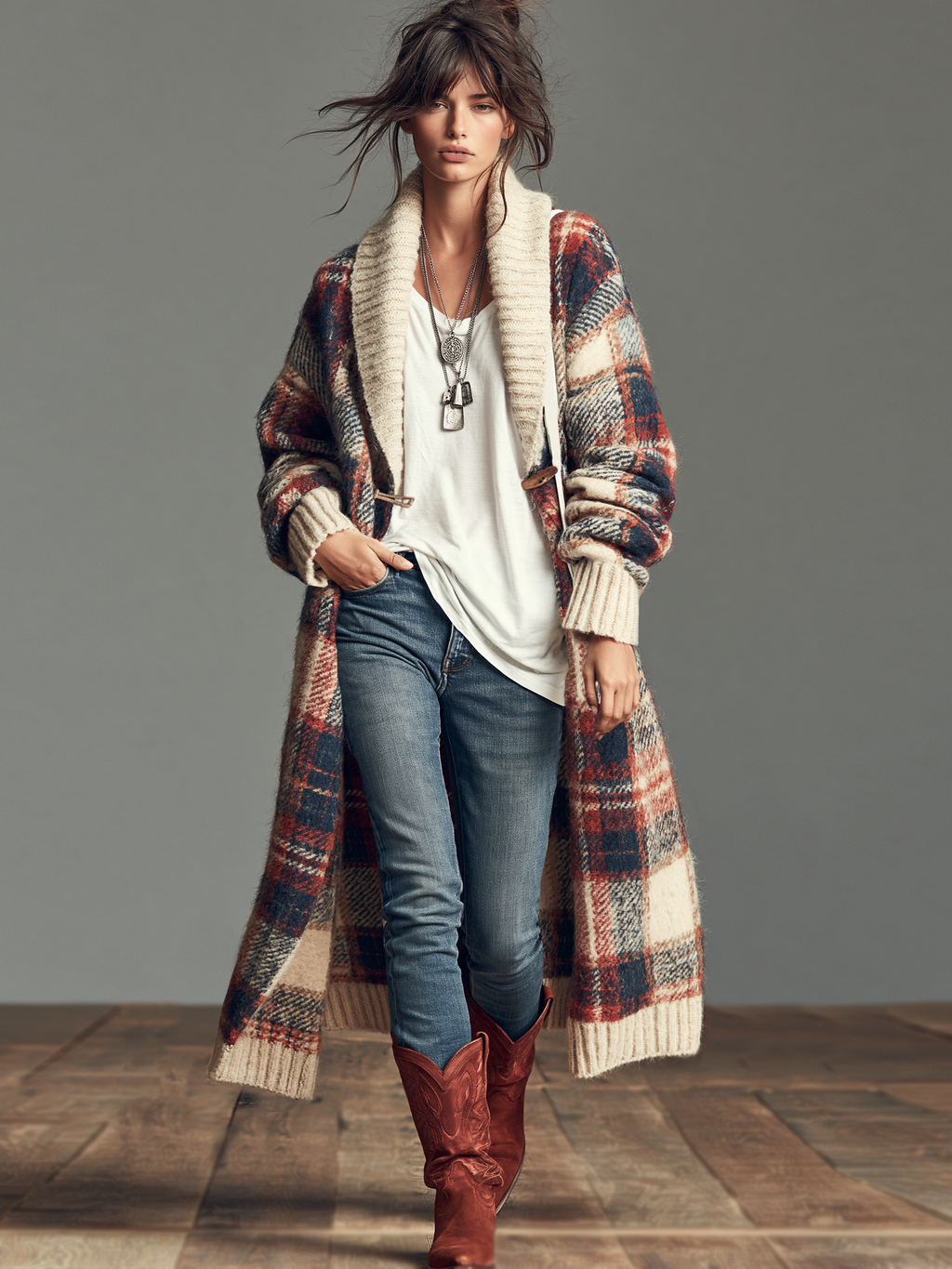 Chaqueta de punto jacquard de cuadros con cuello chal y trencas