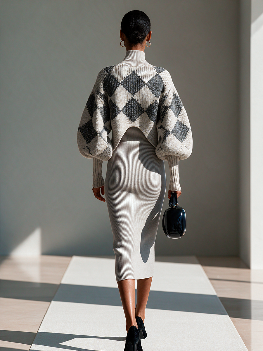 Conjunto de torera corta de rombos con mangas abullonadas y vestido midi de canalé