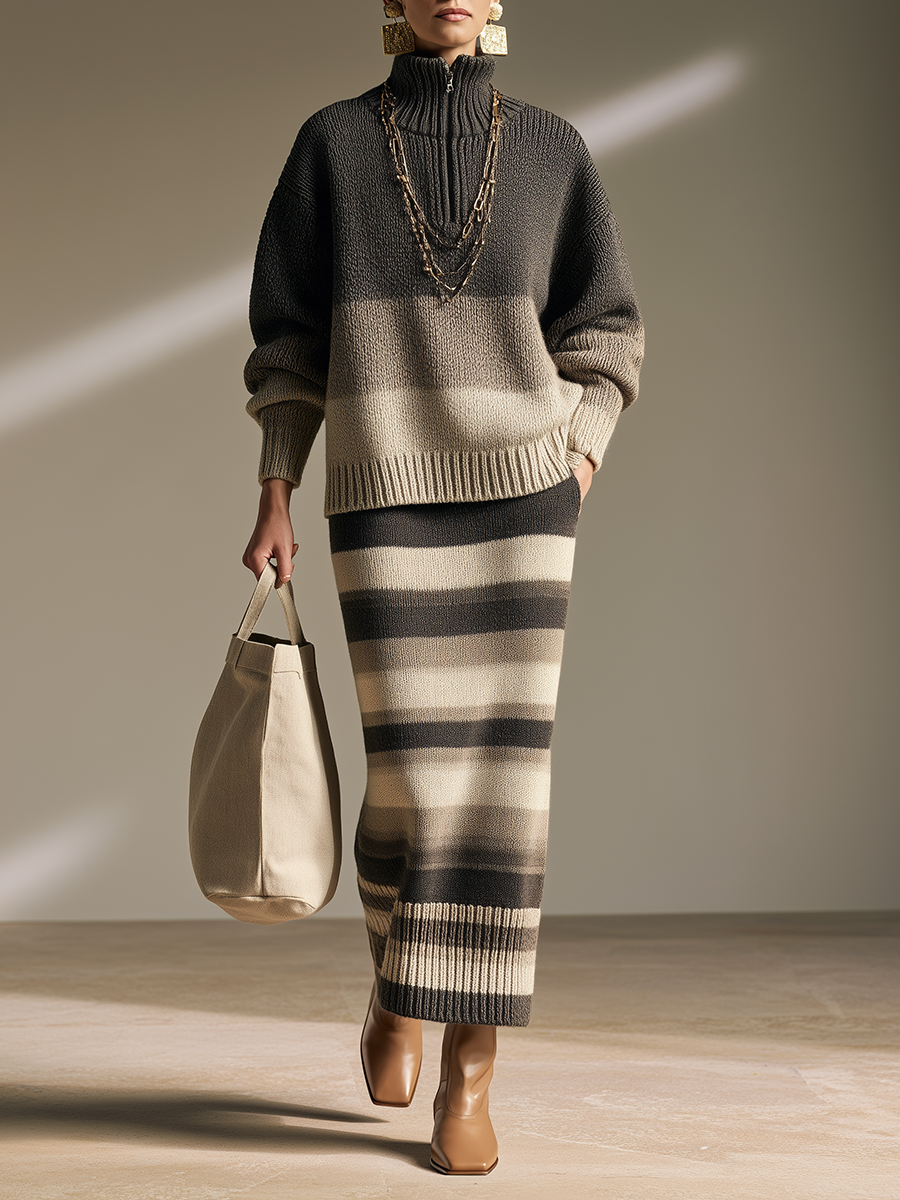Conjunto de jersey oversize degradado con media cremallera y falda larga de punto