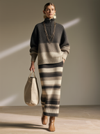 Conjunto de jersey oversize degradado con media cremallera y falda larga de punto